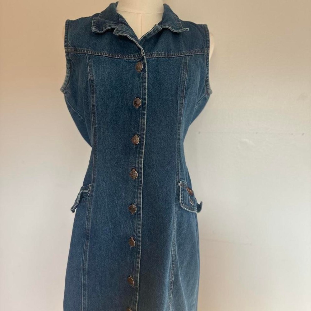Vintage 90s Y2K Denim Maxi Front Button Down Midi Staple Sleeveless Dress M L